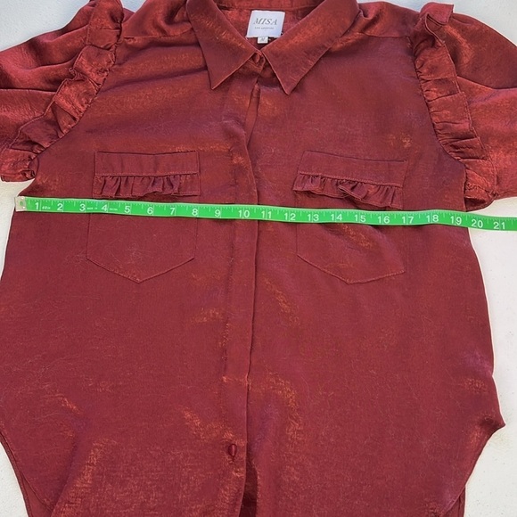 Misa LA Donata Satin Blouse M Maroon Smocked Cuffs Ruffle Shoulders/Pockets Top - Picture 12 of 14